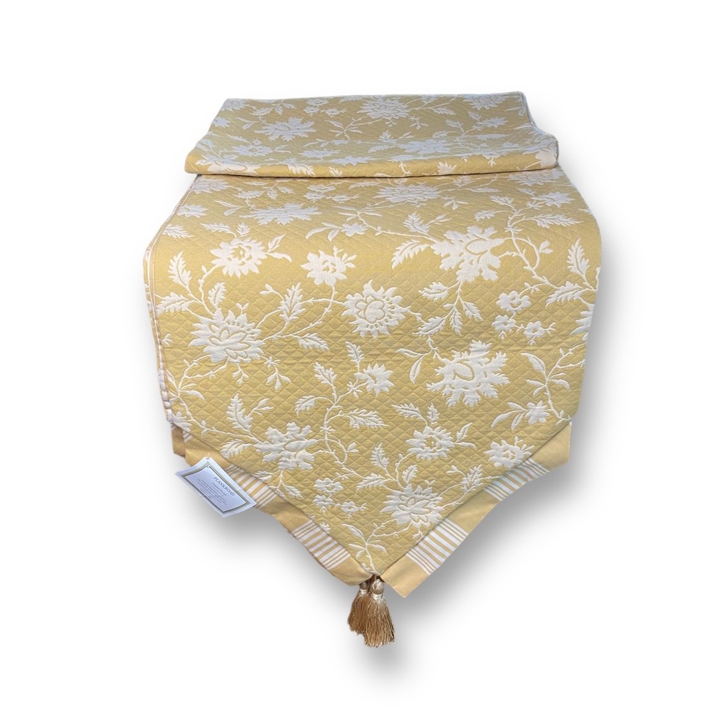 PLANKROAD Reversible Table Runner 16 X 90" Yellow Floral Striped Made in the USA